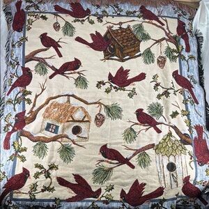 Crown Crafts Cardinal Bird House Tapestry Throw Blanket Fringe Decor 48 X 58